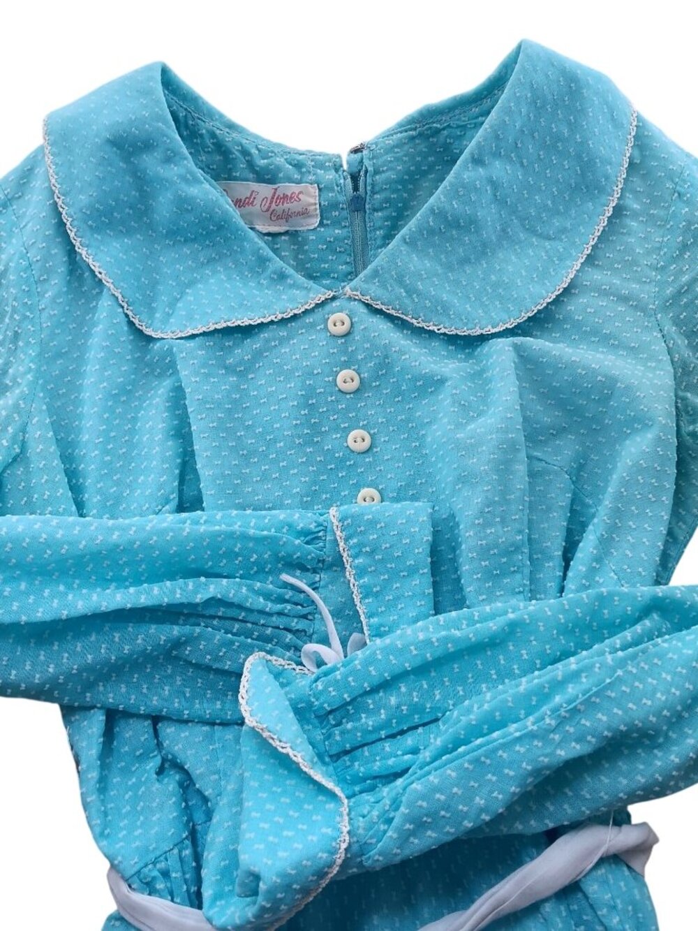 Vintage Candi Jones Dress sz 6/8 California Blue Polka Dot Long Sleeve Lace 60s